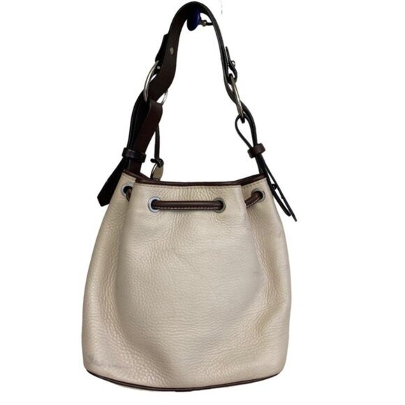 Vintage Dooney & Bourke Leather Drawstring Bucket Bag in Bone color Brown Trim a - Picture 5 of 15